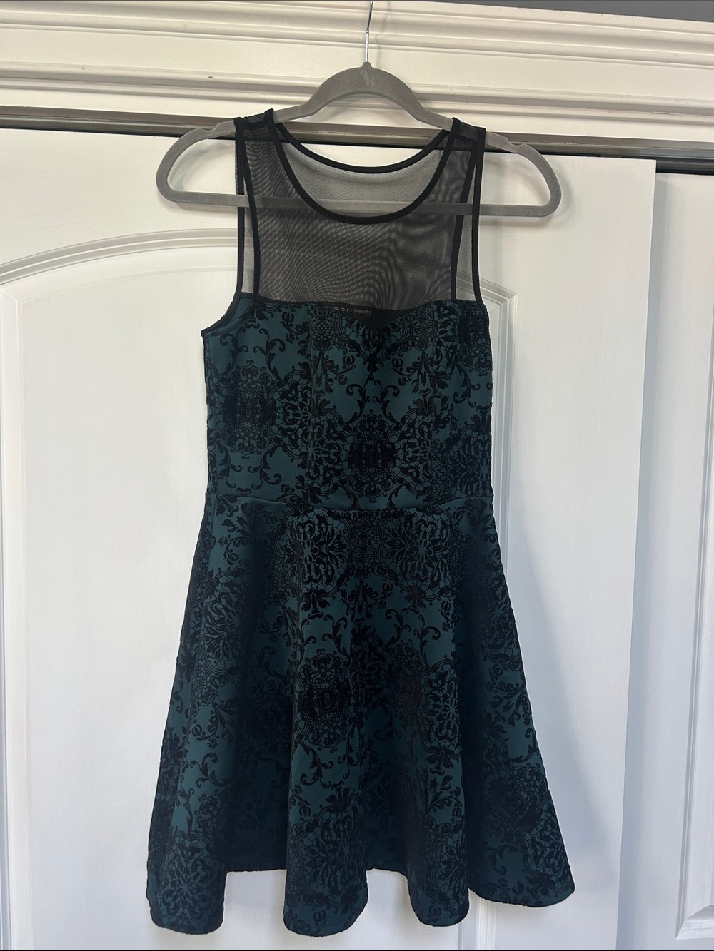 Black Mesh Yoke Green Floral Velvet Fit & Flare Dress